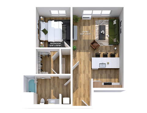 Floor plan for 1 bed, 1 bath, 728 sqft